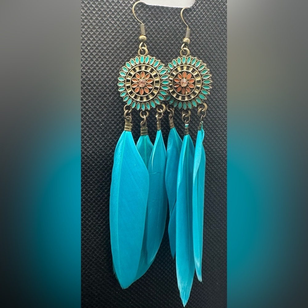 ✨💎 Bohemian Chic Turquoise Feather Dangle Earrings | Festival Statement Jewelry🩵 - Picture 11 of 16